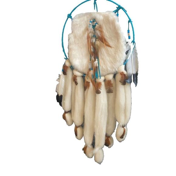 hand-made wool and rabbit`s fur Mandella Aqua Cream Feathers - Picture 1 of 5